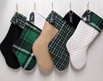 Green plaid Christmas stockings with 2 variations of plaid, choose 1 stocking embroidered tag, personalized stocking, green white and black