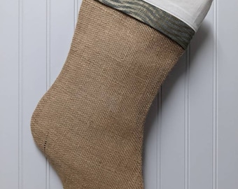 CLEARANCE Stocking with blue accents, Christmas stocking, burlap Christmas stockings, traditional stocking, blue and burlap