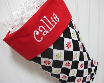 Christmas Argyle Stocking in black and white with red toe and cuff