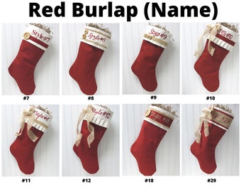 Red burlap Stockings, burlap stocking, coordinating stocking sets, embroidered stockings, choose 1