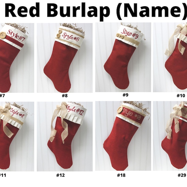 Red burlap Stockings, burlap stocking, coordinating stocking sets, embroidered stockings, choose 1