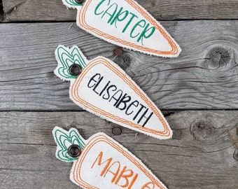 Embroidered name tag carrot shape for personalization for Easter baskets, gifts, or anything cream natural color with your choice of font