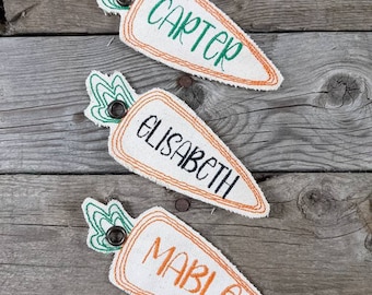 Embroidered name tag carrot shape for personalization for Easter baskets, gifts, or anything cream natural color with your choice of font
