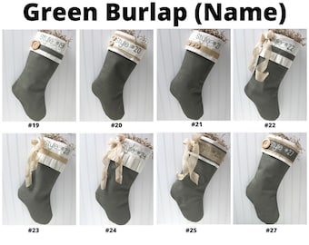 Green Burlap Embroidered Christmas Stocking, personalized stocking, Choose 1 stocking, create your own set