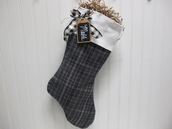 Black And White Plaid Christmas Stocking With Chalkboard Name Etsy