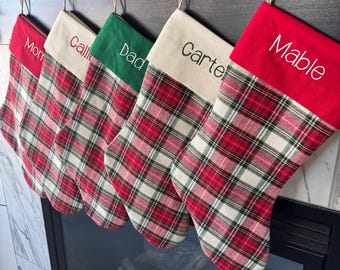 Embroidered stocking cuff on a traditional plaid Christmas stocking, custom name stocking, heirloom stocking, plaid Christmas stocking