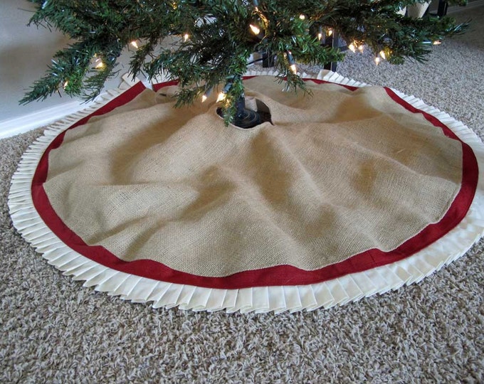Christmas Tree Skirt in Burlap With Red Accent and Hand Etsy
