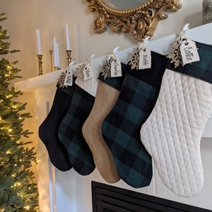 Green and black Christmas Stocking, Choose one stocking, farmhouse Christmas, plaid, embroidered name tag, personalized stocking