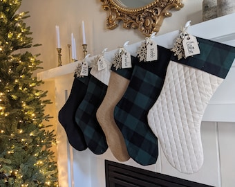 Green and black Christmas Stocking, Choose one stocking, farmhouse Christmas, plaid, embroidered name tag, personalized stocking