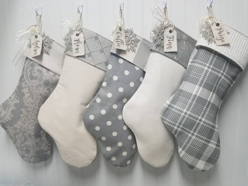 Christmas stockings in grey and white with embroidered name tags Choose 1 stocking Add different stockings to make your own set. image 6