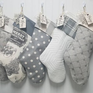 Christmas stockings in grey and white with embroidered name tags - Choose 1 stocking - Add different stockings to make your own set.
