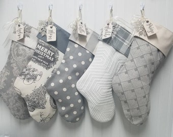 Christmas stockings in grey and white with embroidered name tags - Choose 1 stocking - Add different stockings to make your own set.