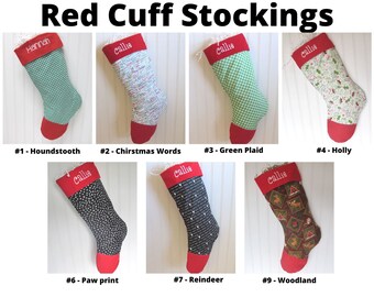 Christmas Stockings with Red Cuff, choose 1, make your own set, mix and match, traditional stocking, fun patterns, kid friendly, family