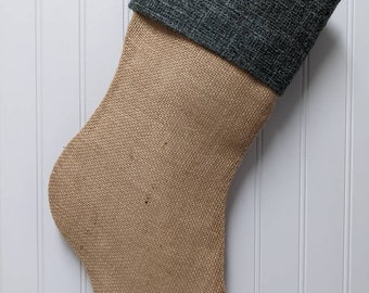 CLEARANCE Stocking with blue accents, Christmas stocking, burlap Christmas stockings, traditional stocking, blue and burlap