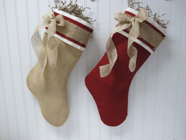 Shabby Chic Christmas Stocking in Red Burlap | Etsy