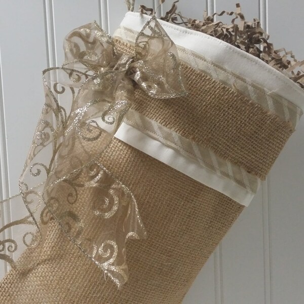 Natural burlap Christmas Stocking with gold and cream accents