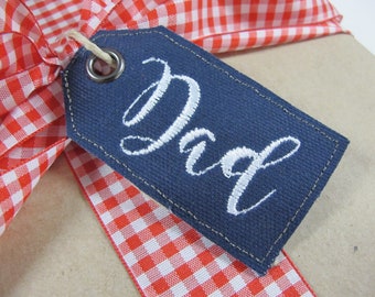 Navy embroidered name tag, personalized gift tag