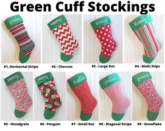 Green Cuff Christmas Stocking, cotton stocking, family stockings, kid friendly stocking, classic stocking, choose 1 stocking