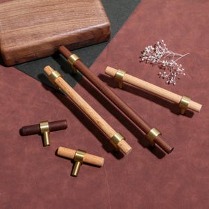 Nordic Walnut & Brass Drawer Pulls: Solid Wood Cabinet Handles