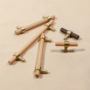 Può includere: Una collezione di pomelli per mobili in legno con dettagli in ottone. I pomelli sono cilindrici con un design a forma di T. Alcuni sono in legno chiaro, altri marrone scuro. L'hardware in ottone aggiunge un tocco di eleganza.
