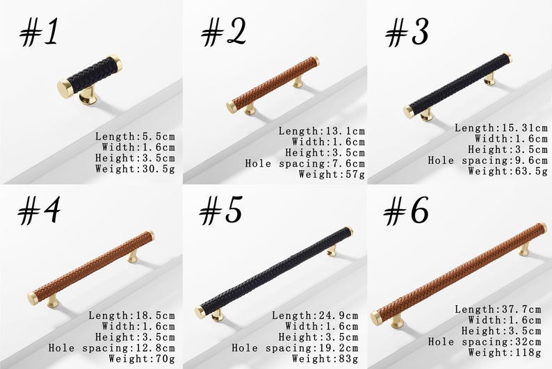 Puede incluir: Colecci&oacute;n de seis tiradores de armario con bases doradas. Los tiradores tienen un dise&ntilde;o texturizado y tejido en negro o marr&oacute;n. Se proporcionan medidas para cada tirador, con longitudes que van de 5,5 cm a 37,7 cm.