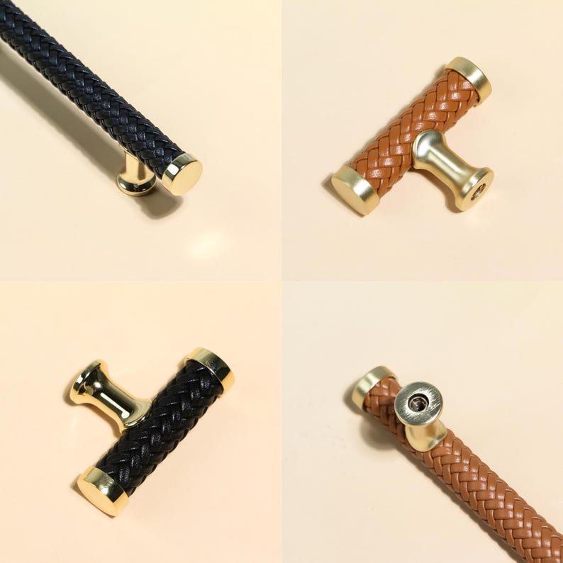 Puede incluir: Cuatro tiradores de armario con dise&ntilde;o de cuero trenzado y herrajes dorados. Los tiradores son de color negro y marr&oacute;n, con dise&ntilde;os cil&iacute;ndricos y en forma de T. Los herrajes incluyen tapas de extremo redondas y un poste central.