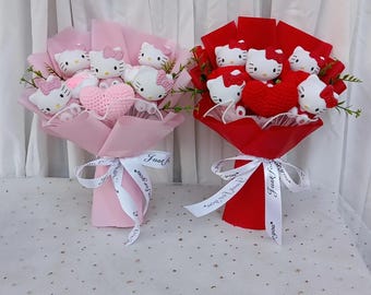 Ramo de rosas tejido a mano, muñeco de gato de vinilo de anime kawaii, regalo de San Valentín, Navidad, ramo de peluche, regalo de cumpleaños, regalo de aniversario.