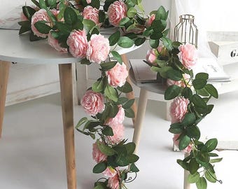 Pink Silk Peony Garland – Artificial Hanging Vine with Big Flowers for Wedding Wall, Home Ivy Rattan Decoration, Home Decor, Artificial Rose