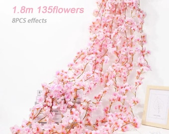 Pink Cherry Blossom Silk Flower Garland Vine 1.8m, Artificial Floral Vine for Wedding Arch, Home Decor, Party Backdrop & Garden Decorations