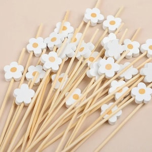Può includere: Una collezione di spiedini di legno sormontati da decorazioni bianche a forma di margherita con centri gialli. Gli spiedini sono fatti di legno naturale e sono disposti in un motivo sparso, adatti per la presentazione del cibo.