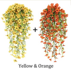 May include: Two hanging artificial flower arrangements. One is yellow, the other is orange. The flowers are small and clustered, with green stems and leaves. The text "Yellow & Orange" is at the bottom.
