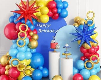 Kit d'arche de ballons rouge bleu jaune, guirlande de ballons carnaval rouge bleu jaune, ballons en latex avec 2 ballons étoiles 4D pour dessin animé Sonik - France
