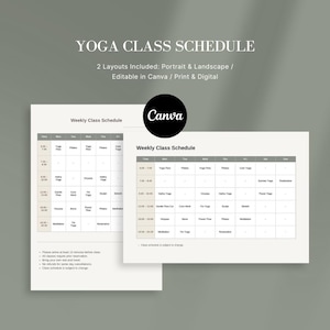 Può includere: Un programma delle lezioni di yoga con due layout: verticale e orizzontale. Il programma è modificabile in Canva e può essere stampato o utilizzato digitalmente. Il logo Canva è visibile.