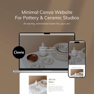 May include: A laptop and smartphone display a website design for pottery and ceramic studios. The website features images of ceramic pieces and text that reads "Crafted by Hands, Shaped by Heart." The Canva logo is visible.