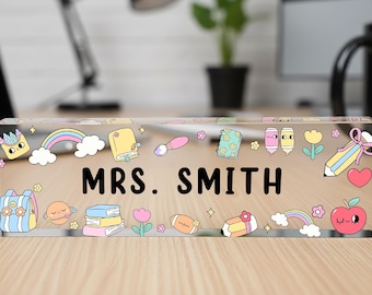 Placa de acrílico personalizada para escritorio, con borde floral, letrero con nombre de arcoíris, letrero personalizado para escritorio de profesor, decoración para aula, regalo para profesor.