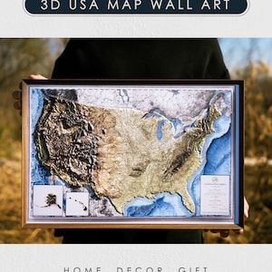 3D Raised Relief USA Map – Topographic Wall Art, Vintage Geography Decor | Fast U.S. Shipping