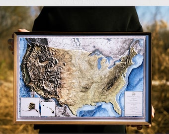 Carte 3D en Relief des États-Unis – Art Topographique Mural, Décoration Géographique Vintage | Expédition Rapide depuis les États-Unis