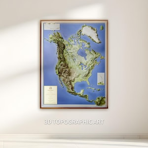 3D North America Map Poster | Raised Relief Wall Art | Framed Geography Gift | USA, Canada  Mexico | Mountains & Rivers Decor