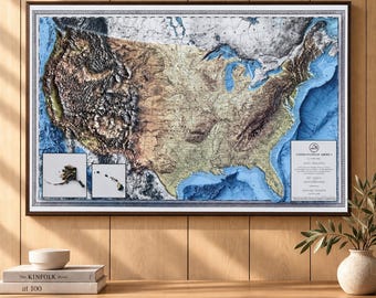 Trójwymiarowa wypukła mapa USA – topograficzna sztuka ścienna do biura domowego – prezent dla męża lub nauczyciela