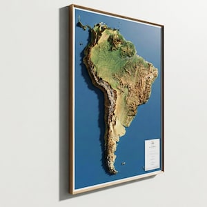 Väggkonst med upphöjd reliefkarta i 3D från Sydamerika, topografisk karta över Sydamerika, vintage heminredning, pedagogisk present till pappa och lärare