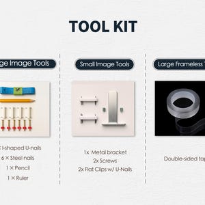 Op de afbeelding: Een gereedschapsset met drie secties met de labels "Large Image Tools", "Small Image Tools" en "Large Frameless Tool". De set bevat I-vormige U-nagels, stalen nagels, een potlood, een liniaal, een metalen beugel, schroeven, platte clips en dubbelzijdig plakband.