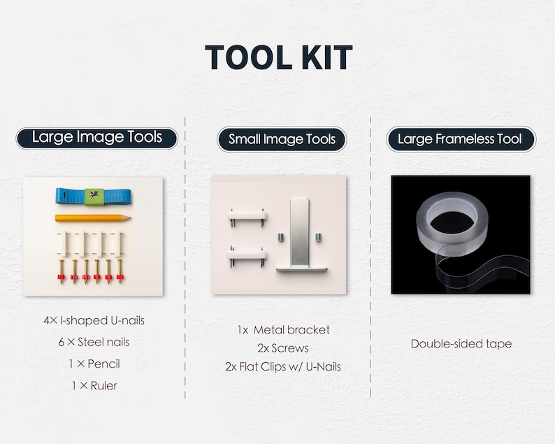 Op de afbeelding: Een gereedschapsset met drie secties met de labels "Large Image Tools", "Small Image Tools" en "Large Frameless Tool". De set bevat I-vormige U-nagels, stalen nagels, een potlood, een liniaal, een metalen beugel, schroeven, platte clips en dubbelzijdig plakband.