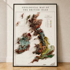 Vintage geologisk karta över de brittiska öarna, skuggad relief topografisk väggkonst, 3D-look tryck