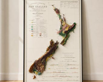 Stara mapa geologiczna Nowej Zelandii, cieniowana płaskorzeźba topograficzna, wydruk 3D