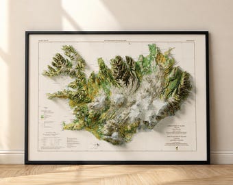 Vintage Iceland Topographic Map, Shaded Relief Wall Art, 3D Look Map Print