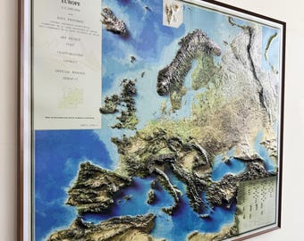 3D-kaart van Europa in reliëf - Topografische kaart - Vintage woondecoratie - Educatief cadeau voor vader en leraar