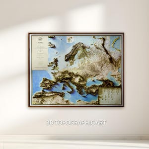 3D Europe Vintage Relief Map | Classic Topographic Wall Art | Framed Old World Geography | Historic Cities Decor | Euro Gift | Free Shipping