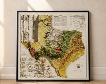 Stara mapa geologiczna Teksasu, cieniowana topograficzna sztuka ścienna, wydruk 3D
