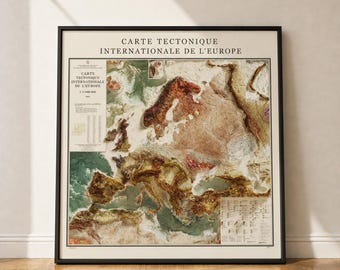 Stara mapa geologiczna Europy, cieniowana płaskorzeźba topograficzna, wydruk 3D