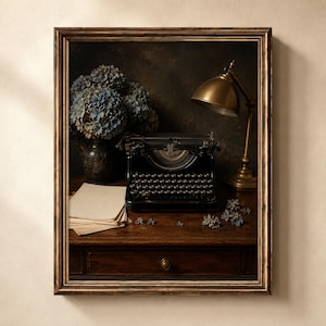 May include: A framed wall art print depicting a black vintage typewriter, a stack of blank cream-colored paper, a dark vase filled with blue hydrangea flowers, and a brass desk lamp resting on a dark wooden desk with a single drawer.